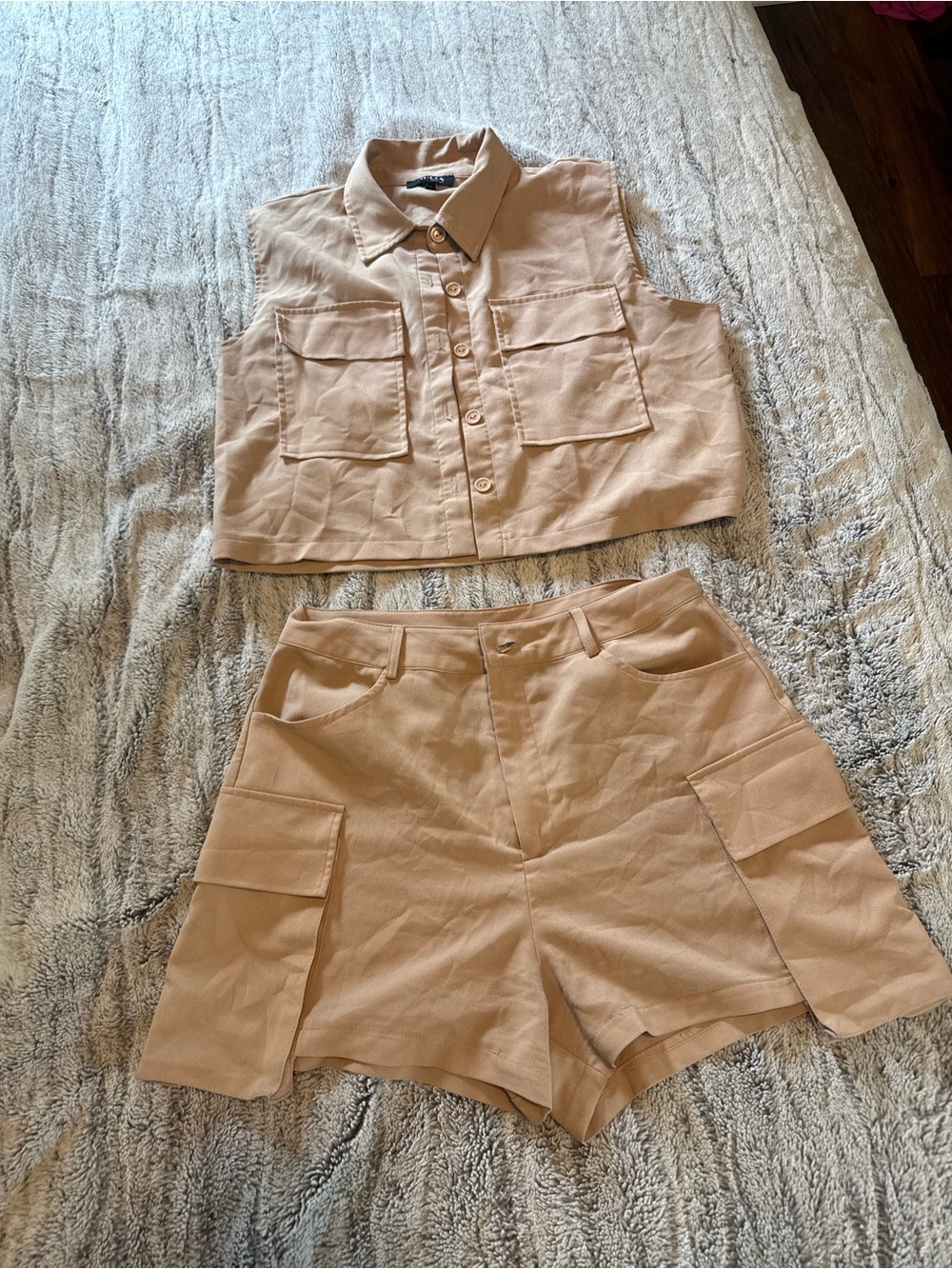 Beige Utility vest and high waisted shorts